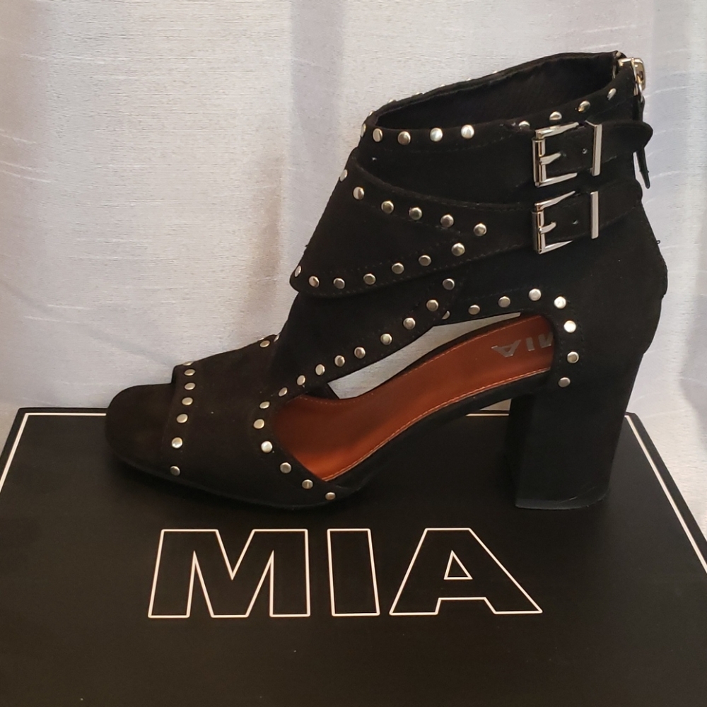 MIA Black Suede Cage Open Toe Block Heels